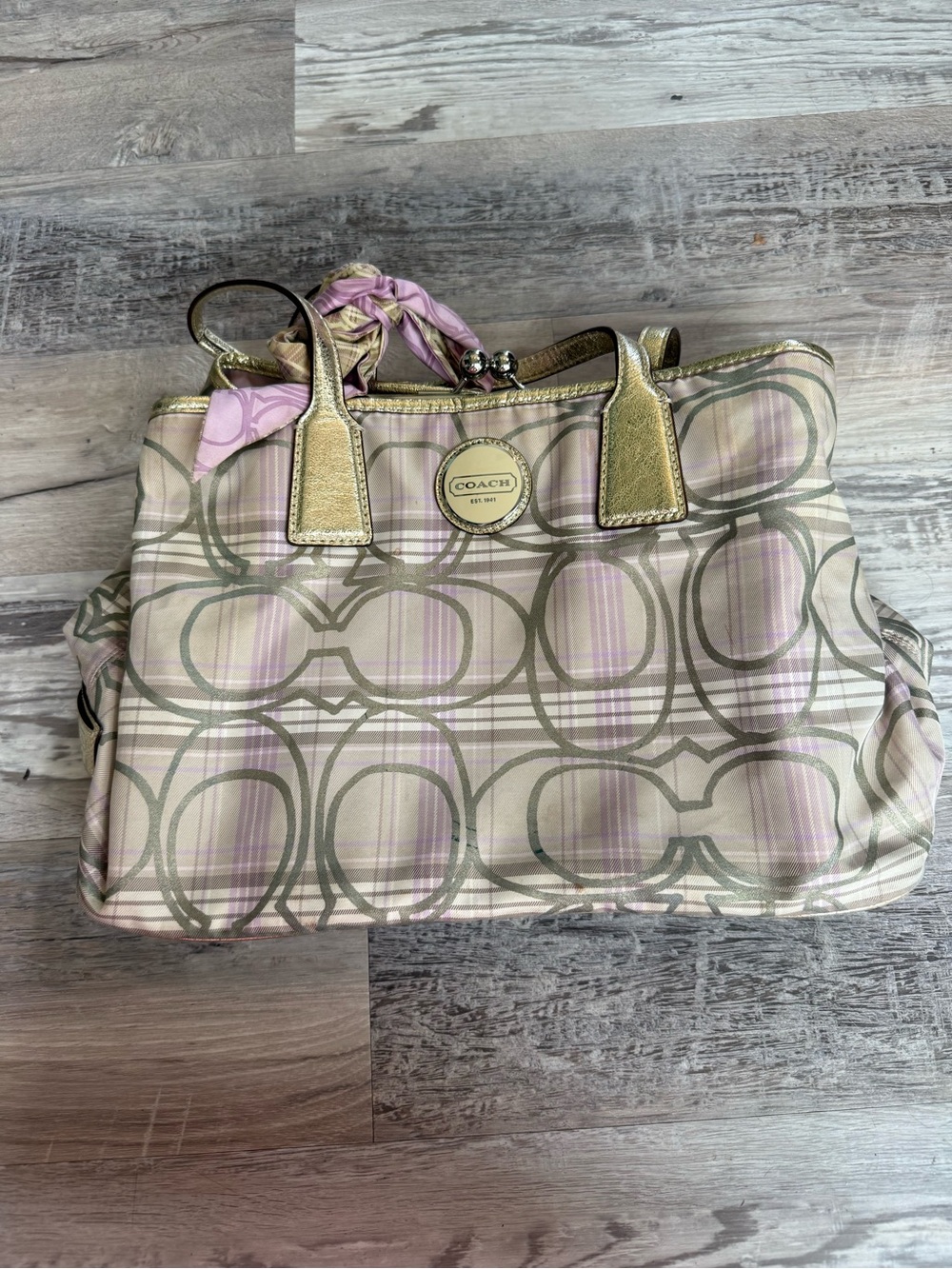 Coach Signature Lavender Tartan Plaid Framed Kiss Lock Carryall Bag